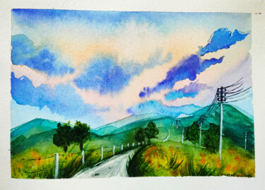 Painting titled "Mountain landscape" by Maryna Pohorielko, Original Artwork, Watercolor