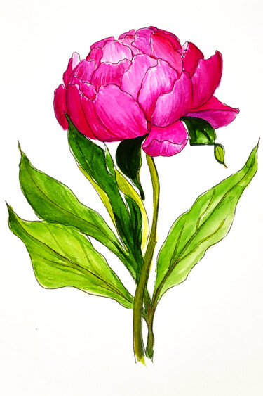 Painting titled "Pink Peony in Water…" by Maryna Pohorielko, Original Artwork, Watercolor