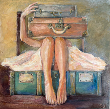 Painting titled "Girl in suitcase. O…" by Maryna Shefer, Original Artwork, Oil