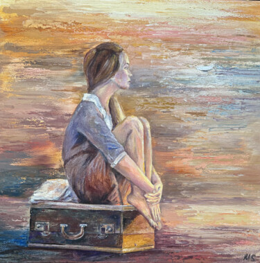 Schilderij getiteld "Mädchen am Koffer.…" door Maryna Shefer, Origineel Kunstwerk, Olie