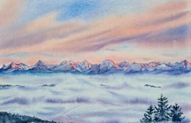 Painting titled "Vue des Alpes" by Maryna Slizinova, Original Artwork, Watercolor