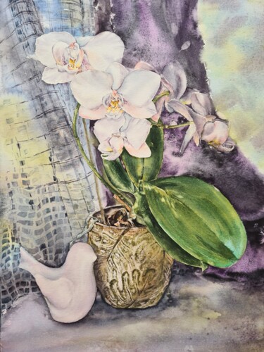 Painting titled "White Orchid" by Maryna Slizinova, Original Artwork, Watercolor