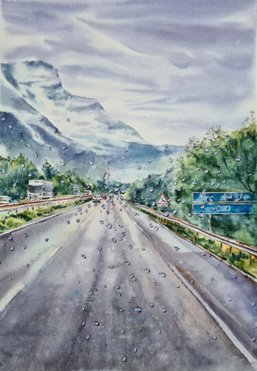 Schilderij getiteld "La Route" door Maryna Slizinova, Origineel Kunstwerk, Aquarel