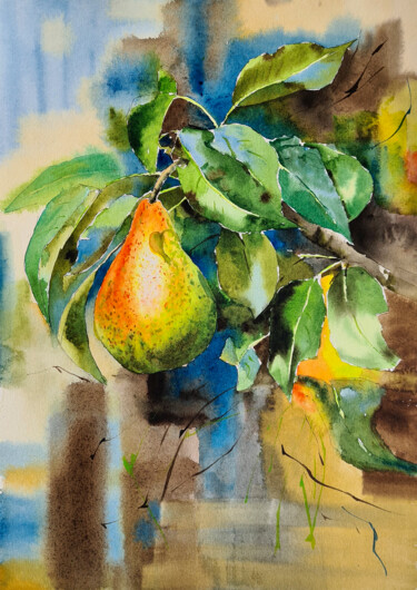 Картина под названием "Juicy pear on abstr…" - Maryna Slizinova, Подлинное произведение искусства, Акварель