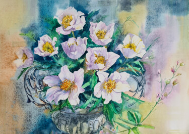 Painting titled "White flowers in a…" by Maryna Slizinova, Original Artwork, Watercolor