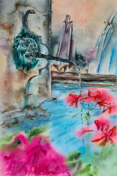 Картина под названием "Fountain with flowe…" - Maryna Slizinova, Подлинное произведение искусства, Акварель