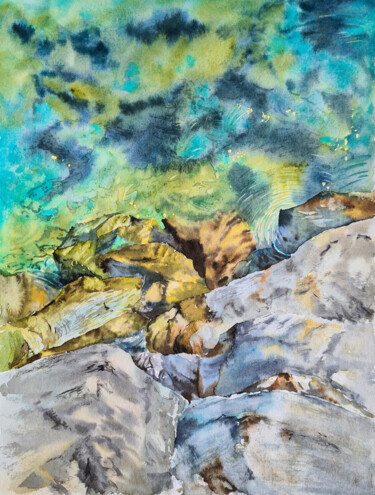 Painting titled "Water and stones -…" by Maryna Slizinova, Original Artwork, Watercolor