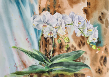 Malerei mit dem Titel "Orchid on abstract…" von Maryna Slizinova, Original-Kunstwerk, Aquarell