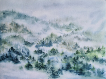 Painting titled "Pine forest in the…" by Maryna Slizinova, Original Artwork, Watercolor