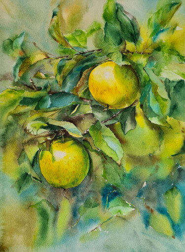 Painting titled "Branch with yellow…" by Maryna Slizinova, Original Artwork, Watercolor