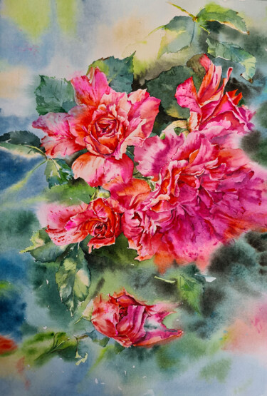 Painting titled "Dance of the roses…" by Maryna Slizinova, Original Artwork, Watercolor