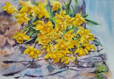 Painting titled "Wild daffodils - or…" by Maryna Slizinova, Original Artwork, Watercolor