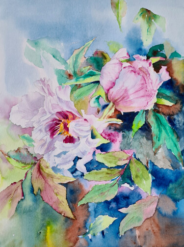 Painting titled "Peonies - original…" by Maryna Slizinova, Original Artwork, Watercolor