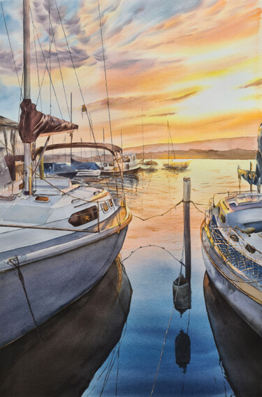 Pintura titulada "Sunset on the lake…" por Maryna Slizinova, Obra de arte original, Acuarela