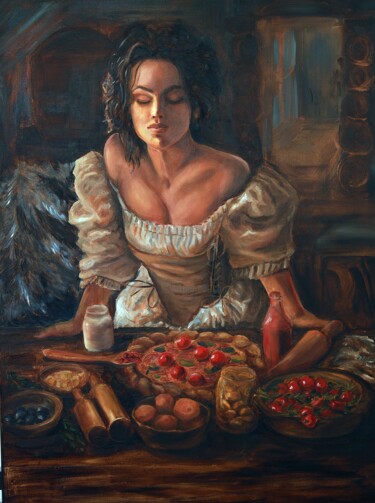 Painting titled "Girl in the Italian…" by Maryna Tsoneva, Original Artwork, Oil Mounted on Wood Panel