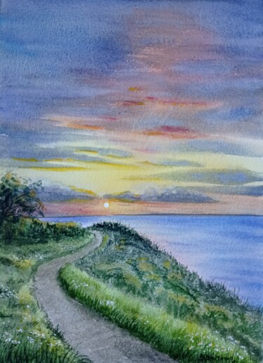 Painting titled "Road to the sea" by Maryna Voitenko, Original Artwork, Watercolor