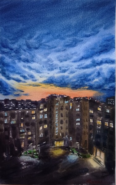 Peinture intitulée "Kyiv sky" par Maryna Voitenko, Œuvre d'art originale, Aquarelle