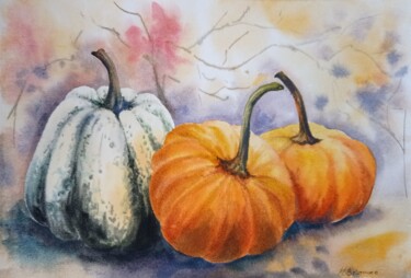 Painting titled "Pumpkin love" by Maryna Voitenko, Original Artwork, Watercolor
