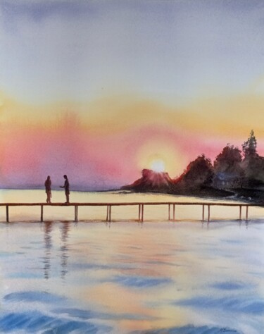 Painting titled "When the sun sets" by Maryna Voitenko, Original Artwork, Watercolor