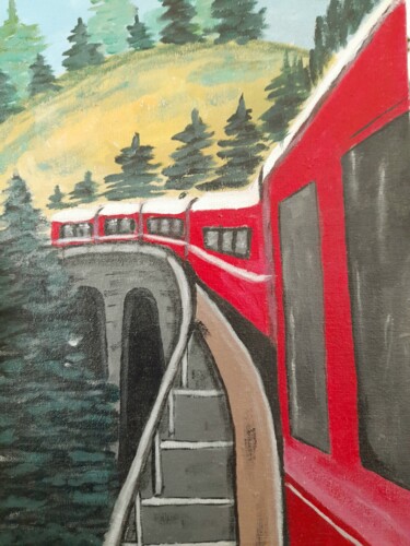 Painting titled "Red train original…" by Maryna Yasar, Original Artwork, Acrylic