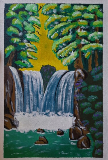 Schilderij getiteld "Waterfall in forest…" door Maryna Yasar, Origineel Kunstwerk, Acryl