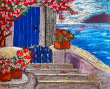 Drawing titled "Santorini Painting" by Maryna Yasar, Original Artwork, Pastel