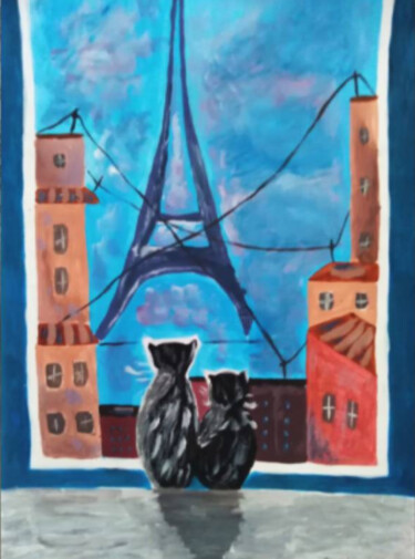 Peinture intitulée "Cats in Paris origi…" par Maryna Yasar, Œuvre d'art originale, Acrylique