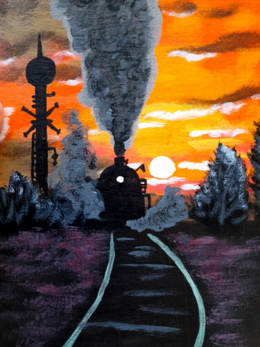 Painting titled "Train sunset origin…" by Maryna Yasar, Original Artwork, Acrylic