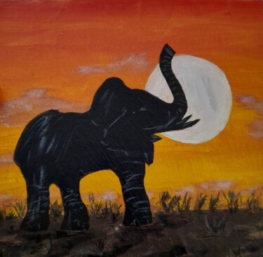Painting titled "Elephant sunset ori…" by Maryna Yasar, Original Artwork, Acrylic