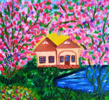 Pintura intitulada "Pink tree painting…" por Maryna Yasar, Obras de arte originais, Acrílico