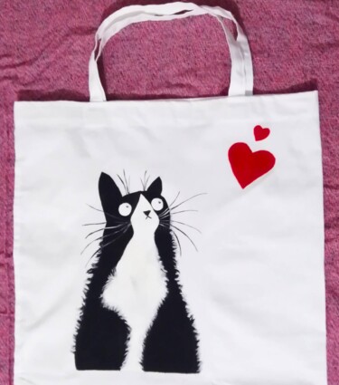 Textielkunst getiteld "Cotton Tote Bag cat…" door Maryna Yasar, Origineel Kunstwerk, Acryl