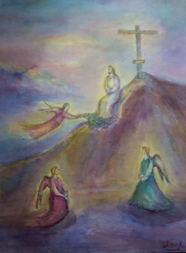 Peinture intitulée "Иисус Христос на го…" par Marinel Voxx, Œuvre d'art originale, Aquarelle Monté sur Châssis en bois