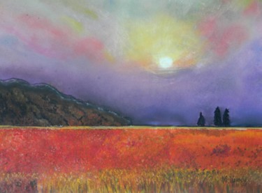Schilderij getiteld "Sunset over Fields…" door Mary Newey, Origineel Kunstwerk, Pastel