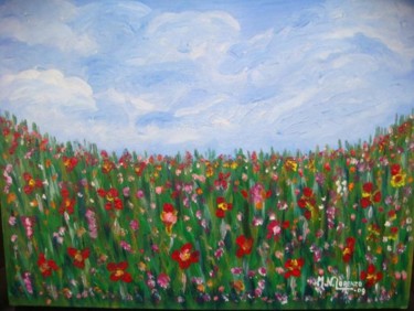 Painting titled "Campo de Flores" by Mary Nieves Lorenzo, Original Artwork