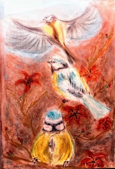 Pintura intitulada "Mésangeons-nous!" por Maryse Faroux, Obras de arte originais, Pastel