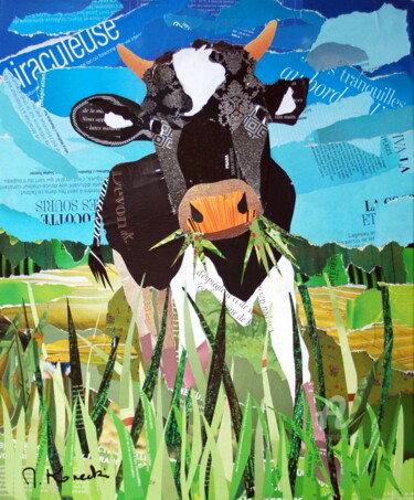 Collagen mit dem Titel "Petite vache qui br…" von Maryse Konecki, Original-Kunstwerk, Collagen