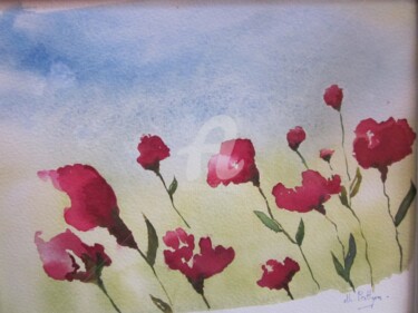Painting titled "Coquelicots 3" by Maryse Pattyn, Original Artwork, Watercolor