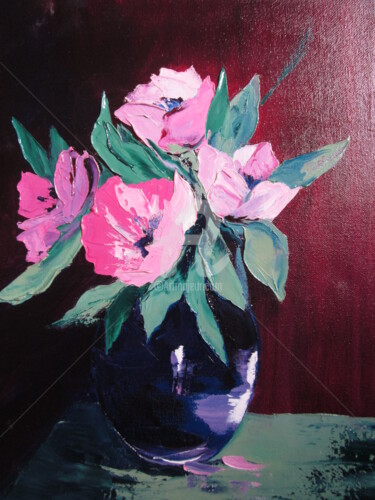 Painting titled "bouquet-de-fleurs-r…" by Maryse Pattyn, Original Artwork, Oil