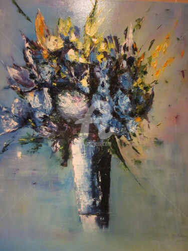 Painting titled "Bouquet de fleurs b…" by Maryse Pattyn, Original Artwork, Oil