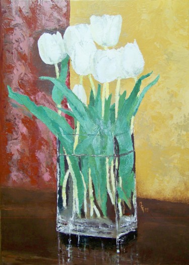 Painting titled "Les tulipes blanches" by Maryse Curinier-Rochette, Original Artwork, Oil Mounted on Wood Stretcher frame