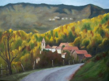 Painting titled "Automne en Ardèche…" by Maryse Curinier-Rochette, Original Artwork, Oil Mounted on Wood Stretcher frame