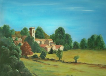 Painting titled "Evocation d'un vill…" by Maryse Curinier-Rochette, Original Artwork, Oil Mounted on Wood Stretcher frame