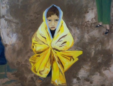 Painting titled "La petite réfugiée" by Maryse Curinier-Rochette, Original Artwork, Oil Mounted on Wood Stretcher frame