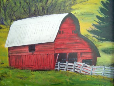 Painting titled "La grange rouge" by Maryse Curinier-Rochette, Original Artwork, Oil Mounted on Wood Stretcher frame