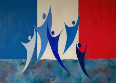 Painting titled "Les Bleus multicolo…" by Maryse Curinier-Rochette, Original Artwork, Oil Mounted on Wood Stretcher frame