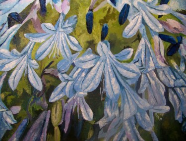 Painting titled "Agapanthes" by Maryse Curinier-Rochette, Original Artwork, Oil Mounted on Wood Stretcher frame