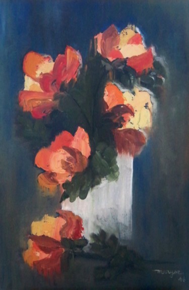 Malarstwo zatytułowany „Bouquet orangé au v…” autorstwa Maryse Curinier-Rochette, Oryginalna praca, Akryl