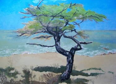 Painting titled "Seul sur la grève" by Maryse Curinier-Rochette, Original Artwork, Oil Mounted on Wood Stretcher frame