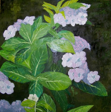 Painting titled "L'hortensia" by Maryse Curinier-Rochette, Original Artwork, Oil Mounted on Wood Stretcher frame