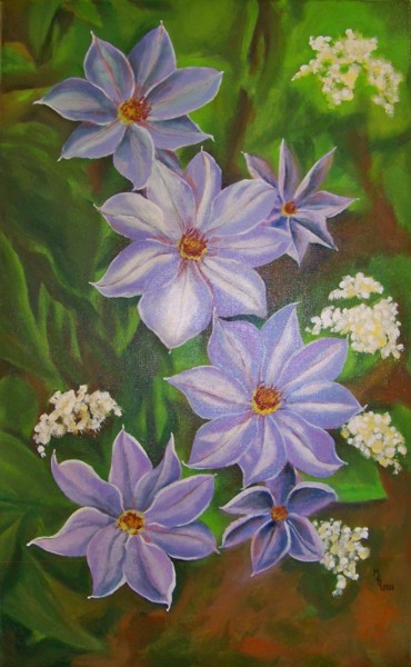 Painting titled "Clématites" by Maryse Curinier-Rochette, Original Artwork, Acrylic